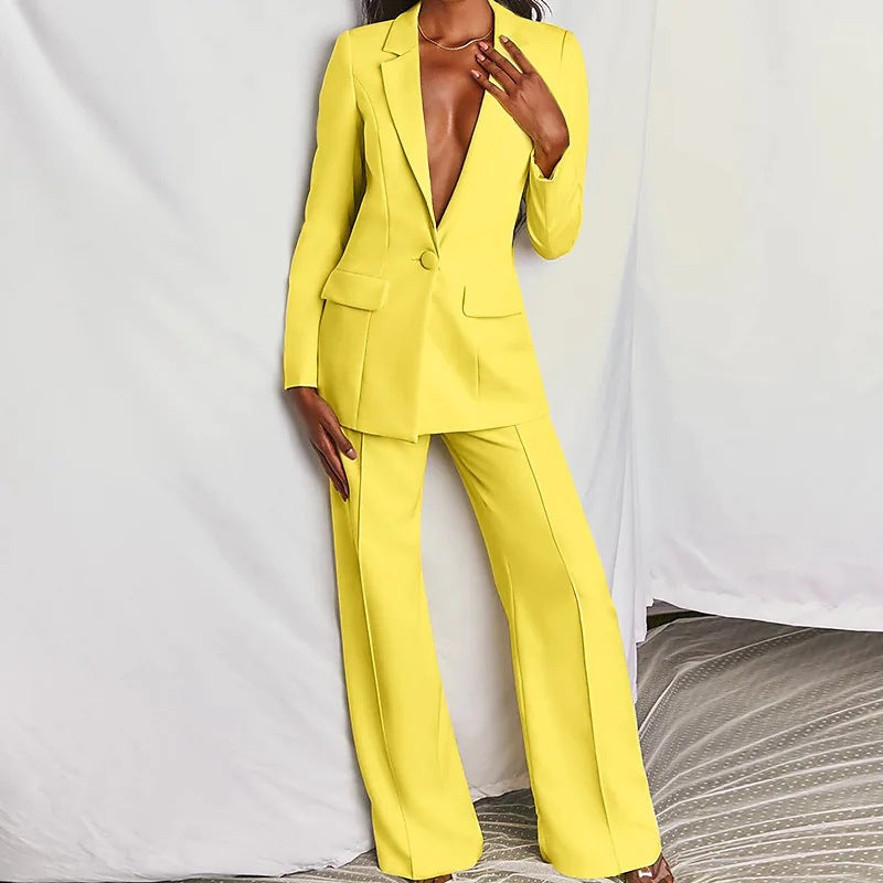 2pcs Casual Suit Lapel Button-down Blazer Jacket And Straight-leg Pants Office Commuting Business Trousers Set Clothing