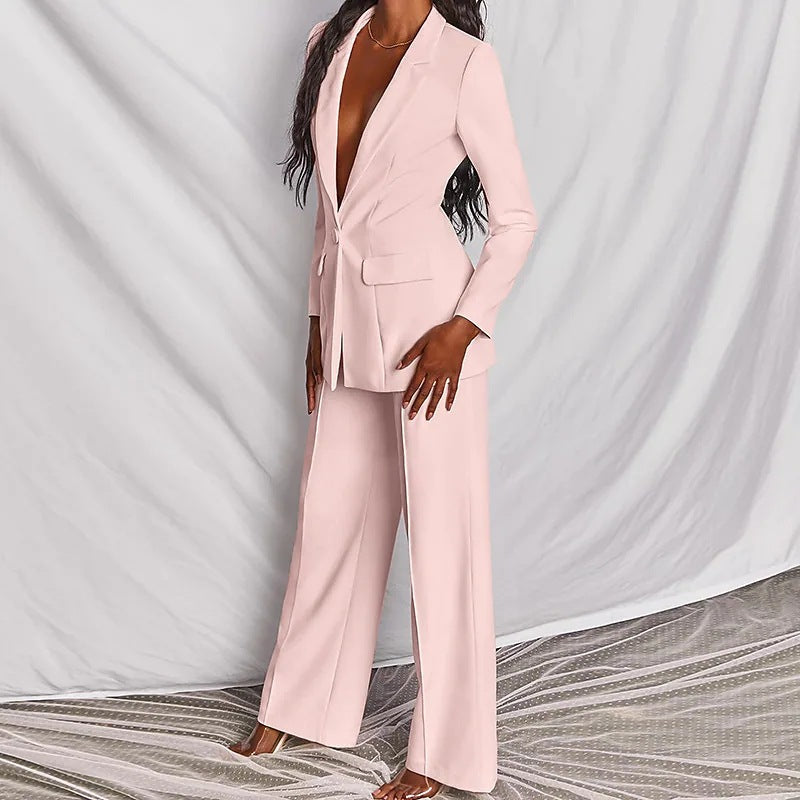 2pcs Casual Suit Lapel Button-down Blazer Jacket And Straight-leg Pants Office Commuting Business Trousers Set Clothing