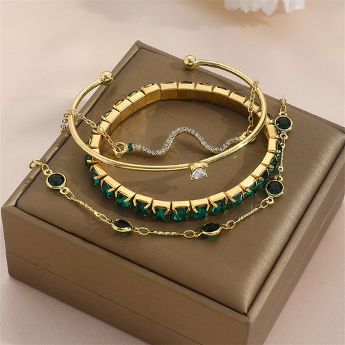 4pcs Bracelet Suit Fashion Green Grandmother Diamond Stretch Bracelet Women's Set
