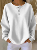 Ins Waffle Long-sleeved T-shirt Fashion Solid Color Buttons Round Neck Pullover Top Women's Clothing